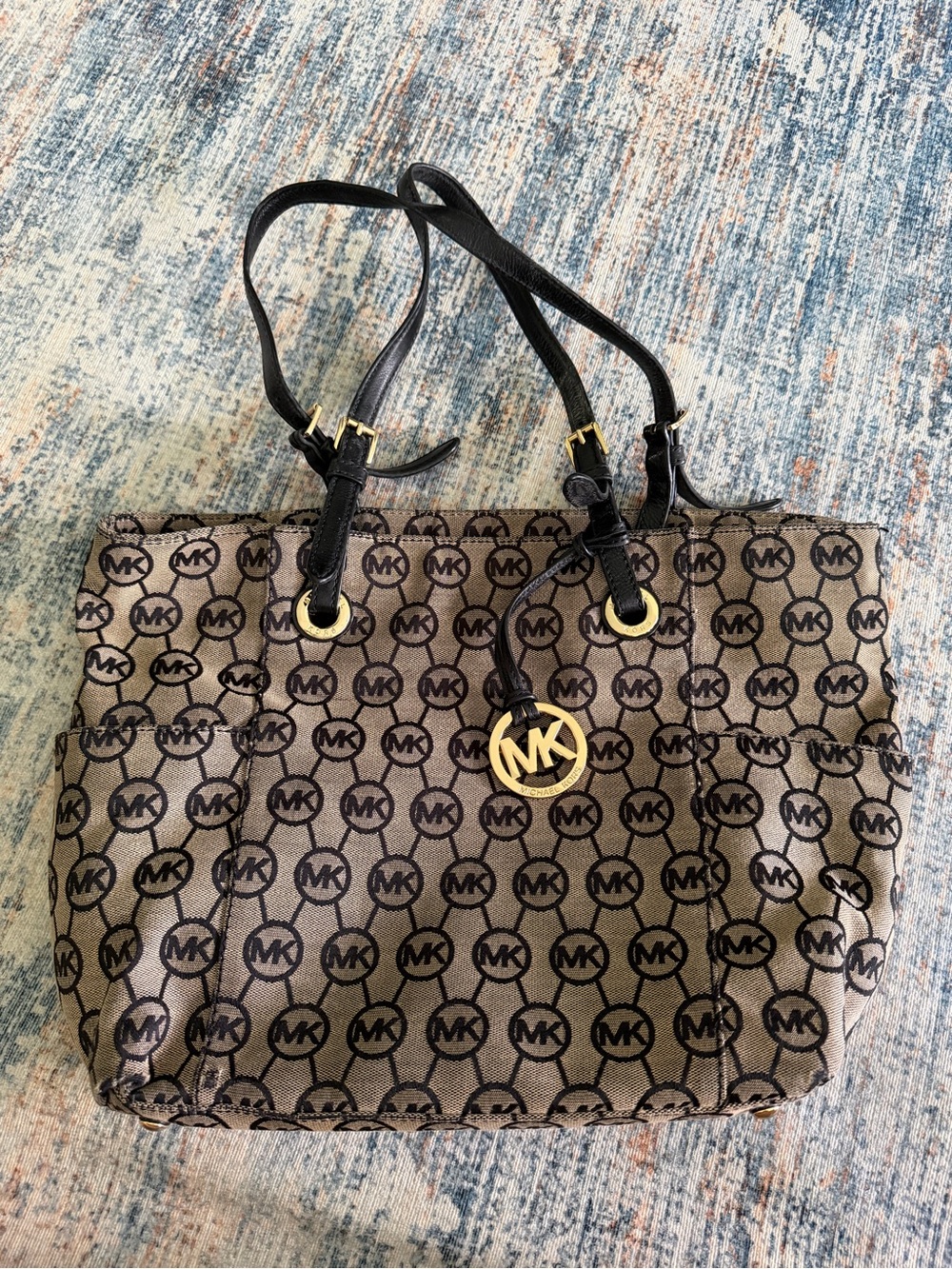 Michael Kors Brown Logo Tote with Black Straps and Gold Hardware